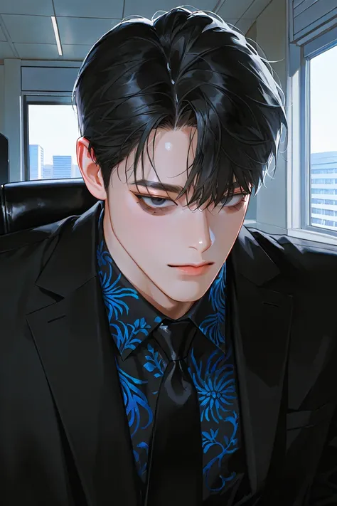 Mature male, handsome, messy black hair, 1 man, dark circles under eyes, short hair, male focus, handsome man, thickly painted, Korean comic style, semi-realistic art , semi-realistic art style, expressive brushstrokes, vibrant brushstrokes, impressionisti...