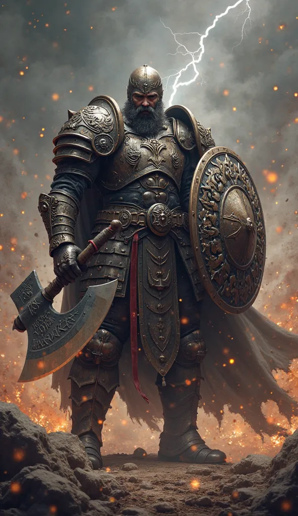 " A powerful , heavily armored warrior is ready to fight in an epic battle. His armor is massive, decorated with battle scars and old engravings. In one hand he holds a huge, decorated shield with battle marks, in the other a terrifying, double-edged axe. ...