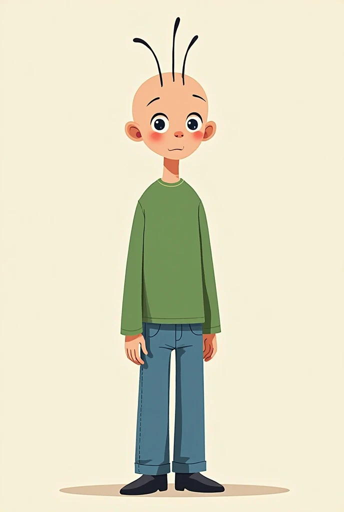 Draw a  with a green long-sleeved T-shirt and blue jeans and black shoes who has no hair except three on the top of the head in drawing style 