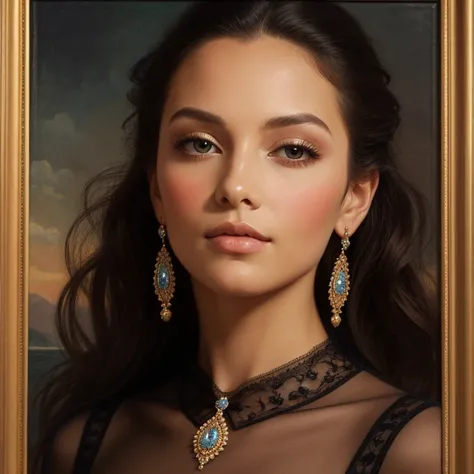 Light skin, tan like skin, black eyes, black hair, wearing a sheer dress, Paintings by Vigée Leblanc, majestic, beautiful, angelic, rosy cheeks, beauty marks, plump lips, elegant, bejeweled head scarf