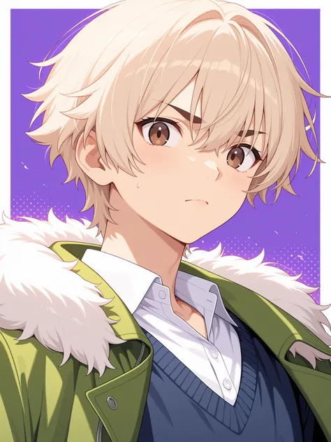 "A male anime character with light blond hair and sharp brown eyes. He was wearing a green jacket with white fur on the shoulders,  white shirt, and a dark blue sweater.  his face showed a serious expression, A combination of anger and emotional pressure—h...