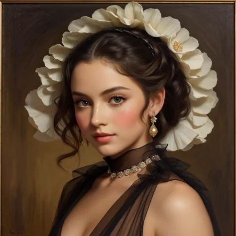 Light skin, tan like skin, black eyes, black hair, wearing a sheer dress, Paintings by Vigée Leblanc, majestic, beautiful, angelic, rosy cheeks, beauty marks, plump lips, elegant, bejeweled head scarf, painting 