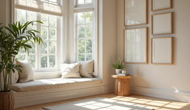 A serene reading nook built into a large bay window with plenty of natural light streaming in. The seat is cushioned with soft cream fabric, and there’s a small wooden side table next to it for holding a book or cup of tea. Above the window, a gallery wall...