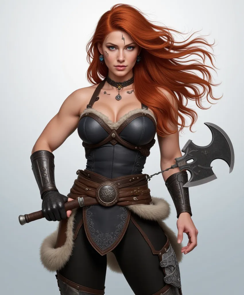 Depict a powerful Viking warrior woman in her 20s, standing 6 feet tall with a muscular, toned build, a 36B bust, and 38-inch hips. Her fiery red hair flows freely in the wind, wild and untamed, with icy blue eyes and fair sun-kissed skin, adorned with bat...