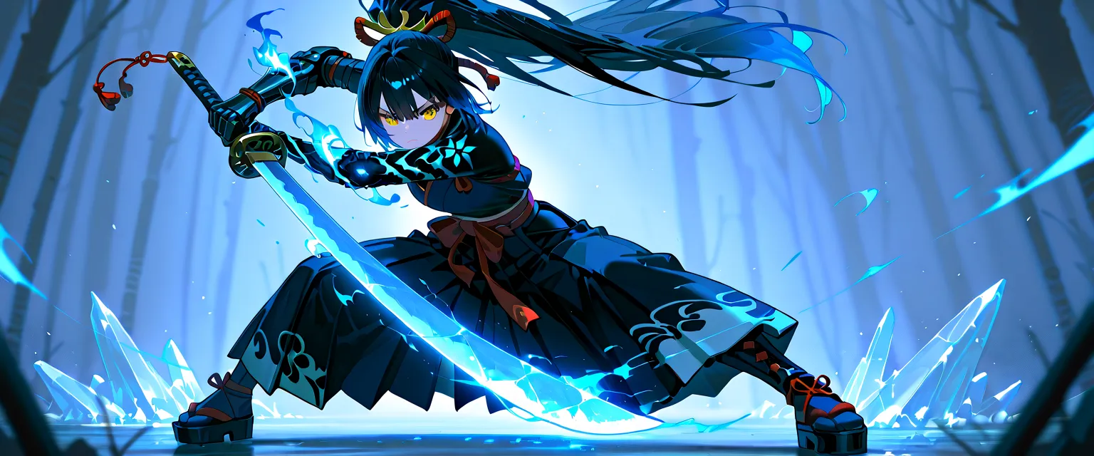 best quality, high detailed, (big weapon), Samurai Girl, mechanical right arm, attack stance, katana, frozen arm, cold blue flame, Slash effect, serious, hakama, beautiful eyes, super fine eyes