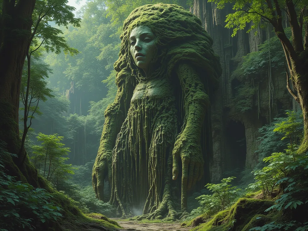 a mossy stone and root golem with female features and a female body