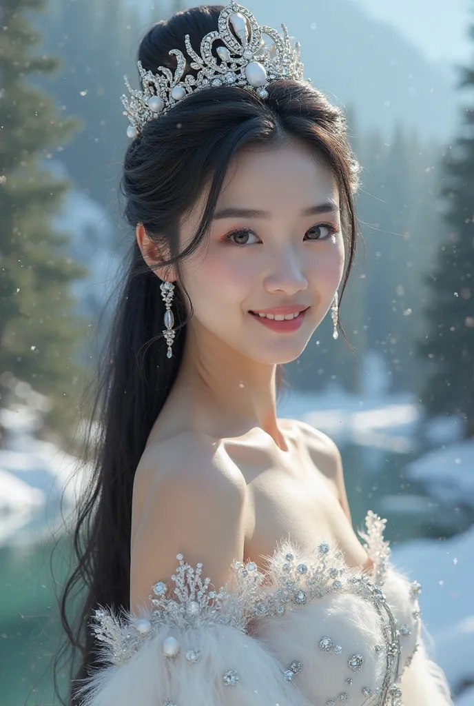 Luxurious and elegant 4k resolution real design featuring. A beautiful Korean woman with long black hair wearing a crown made of silver with ornaments that decorate it. smiling thinly facing forward, wearing a snow white dress with luxurious and elegant or...