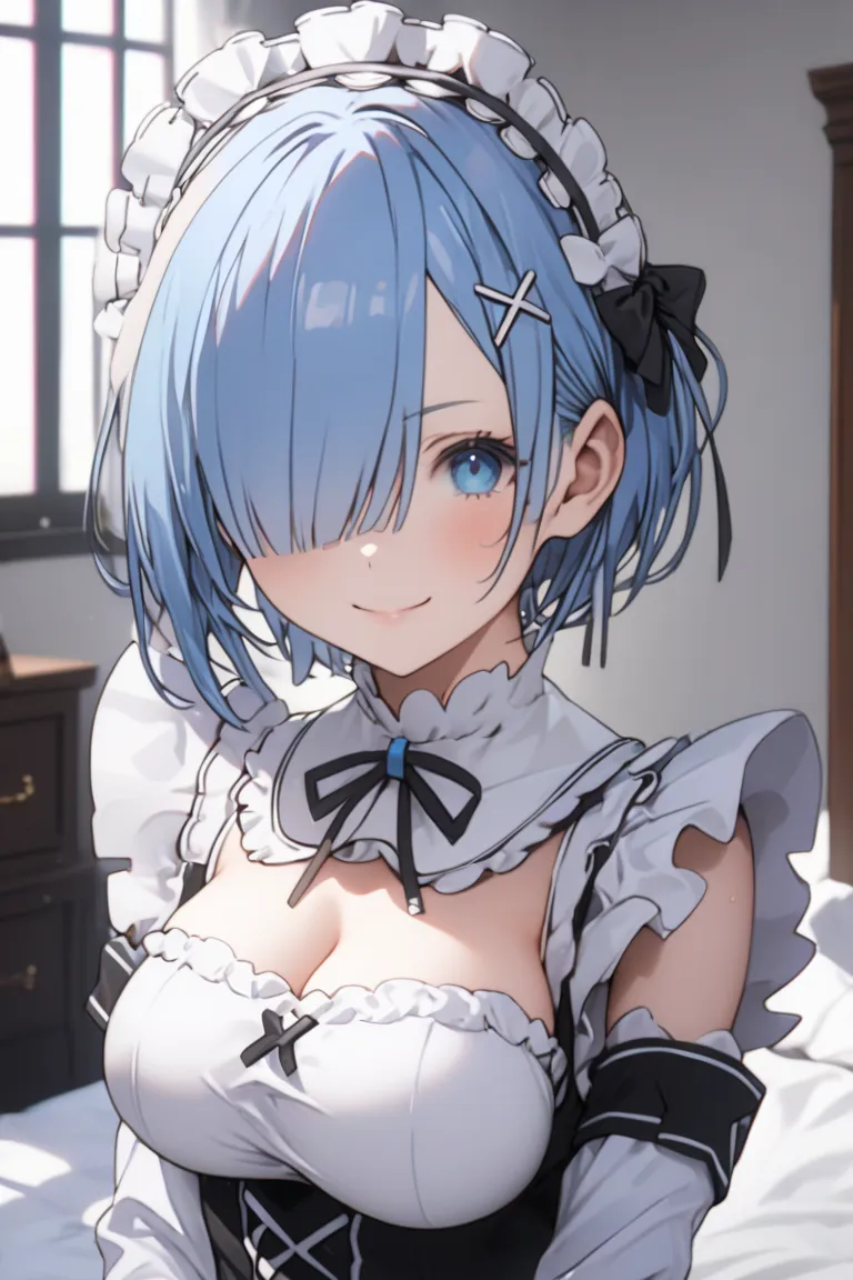 1girl,solo,rem,roswaal mansion maid uniform,short hair,maid,hair over one eye,one eye visible,hair ornament,detached sleeves,x hair ornament,ribbon,aid headdress,large breasts,(masterpiece:1.2),(ultra detailed:1.2),(best quality:1.2),(super detailed skin:1...