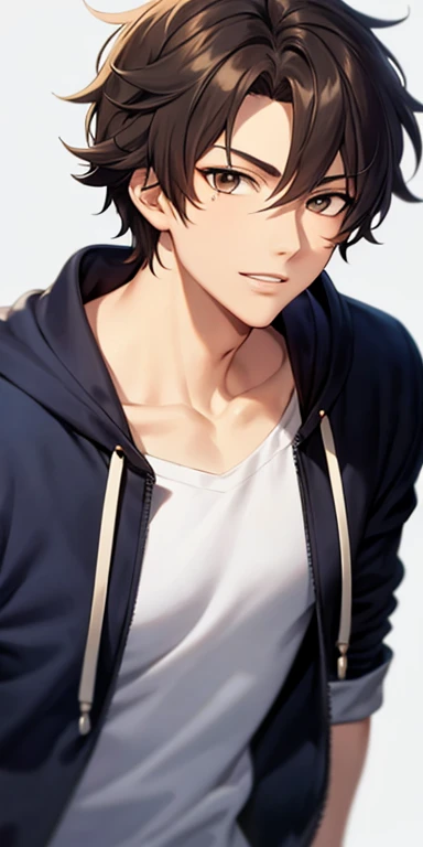 Anime style. Ethan Hayes, 24 years old with dark brown, slightly messy hair and hazel eyes. His casual style—navy hoodie. Ethan is gentle and playful. In a photo profile. He's handsome, mainly, cheeky, playful.