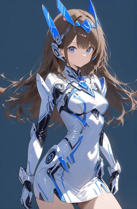 medium hair,  blue eyes, simple background, blue and white clothes　Futuristic Suit　brown hair　two headpieces　1 girl, solo, miniskirt　 full body view