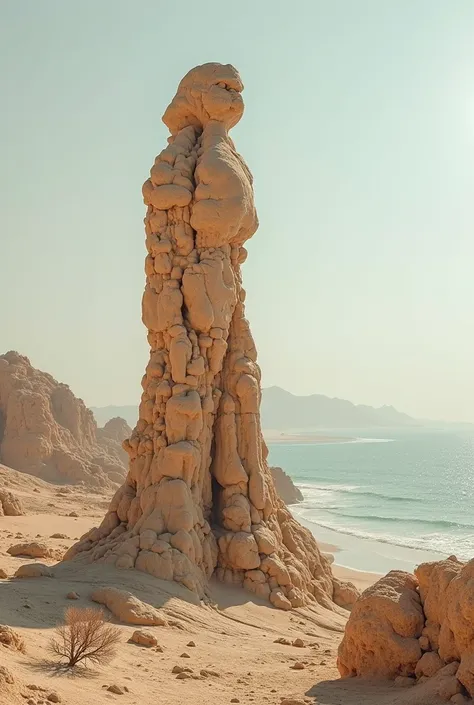 "A mysterious salt rock formation in the desert near the Dead Sea. The shape vaguely resembles a human figure, eroded by time and wind. The background shows a vast, barren landscape with a distant view of the Dead Sea under a pale blue sky."