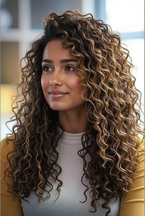 a beautiful realistic woman with long, curly brown hair with golden highlights and well-defined curls. She is smiling and very happy with her hair, looking relaxed in a well-lit environment. The lighting highlights her hair beautifully, emphasizing the gol...