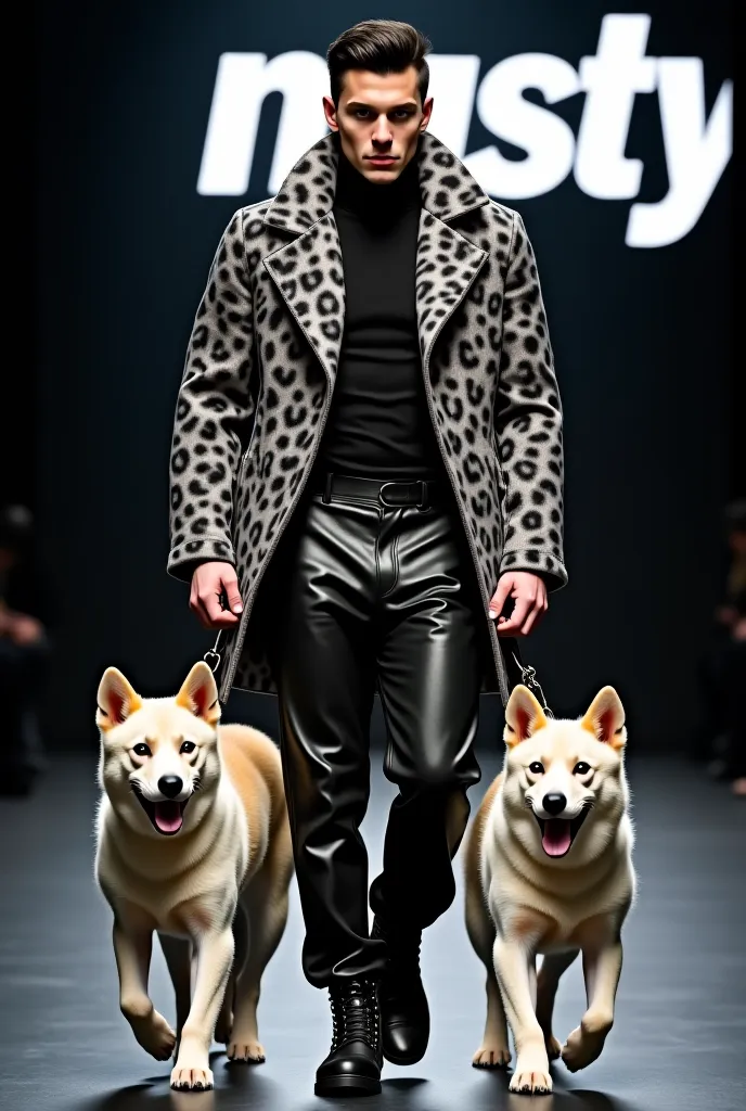 On a black fashion runway with white, behind it says "nasty" of white lights posing modeling with two blond dogs tied at their sides,man , muscular,black hair, bicep marked, white skin, wearing a black turtleneck shirt, a large gray and black leopard coat,...