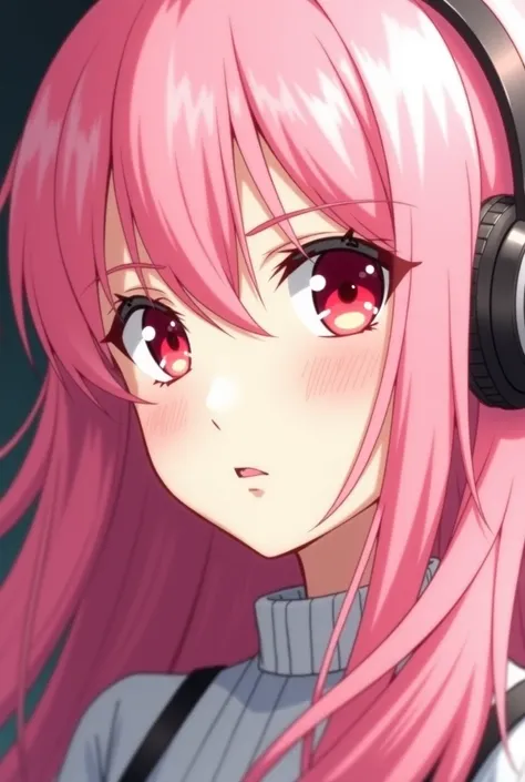 Portrait of a woman, anime, who gives us on half of her face with very long pink hair, very red eyes, soothed face, charismatic and beautiful, innocent unhappy, on her face. She gives us on half of her face by highlighting her red eyes, wear a music headph...