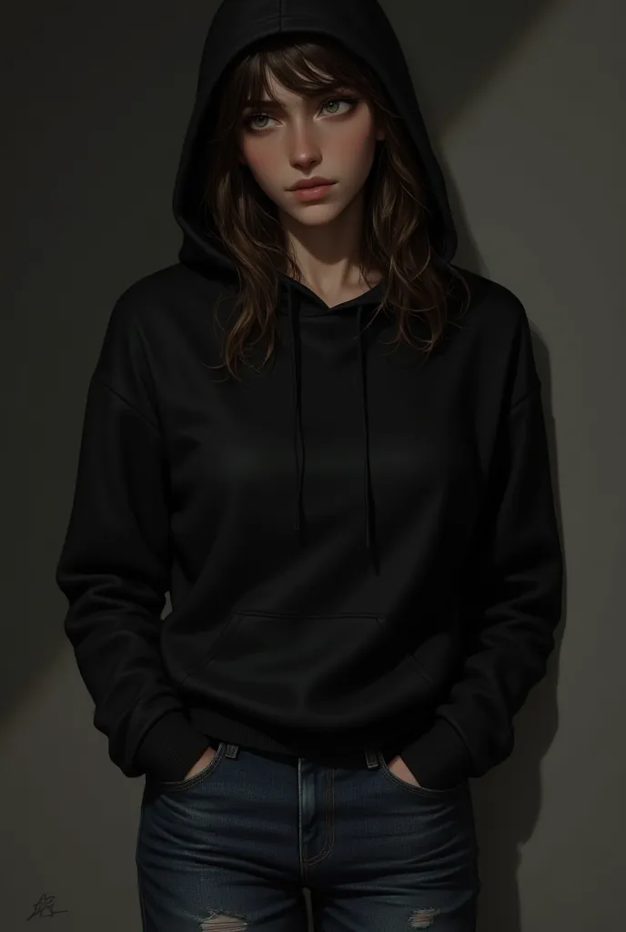 19 year old woman, wavy brown hair under the hood of her black sweatshirt, she has dark green eyes, she is half sideways looking between her shoulders forward, she is wearing jeans and has her hands inside the pocket of her sweatshirt.