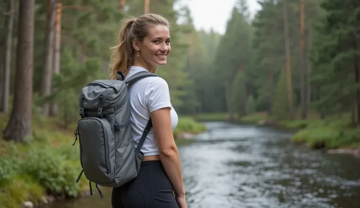 germany women, 20 years old, sweet smile, slim body, huge breast, slim waist, ponytail hair, black legging, white sport shirt, wearing a grey backpack, in the pine forest, background river, realistic photo, 4k