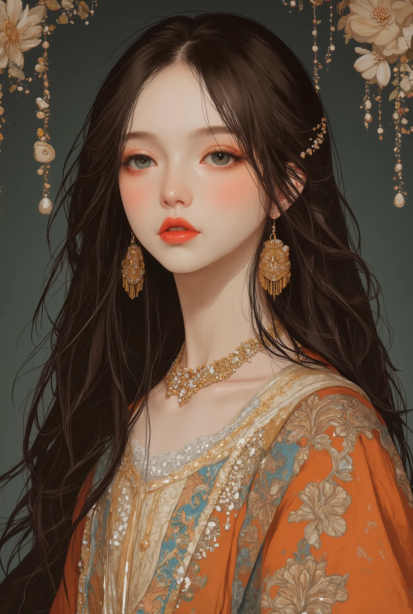 (Best quality, 4K, 8K, A high resolution, Masterpiece:1.2), Ultra-detailed, Realistic portrait of an aristocratic maiden, Exquisite facial features，Long brown curly hair details expressed, Graceful posture, Dreamy atmosphere, expressive brush strokes, myst...