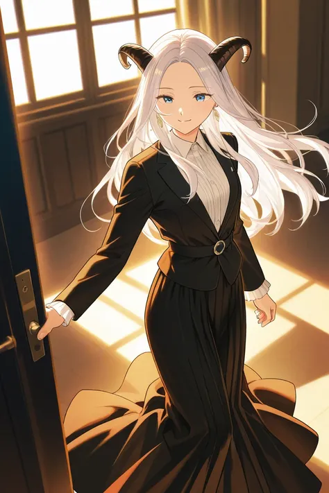 Girl with white hair and blue eyes　 I have long hair　black rolled goat horn　Demon Calm Atmosphere