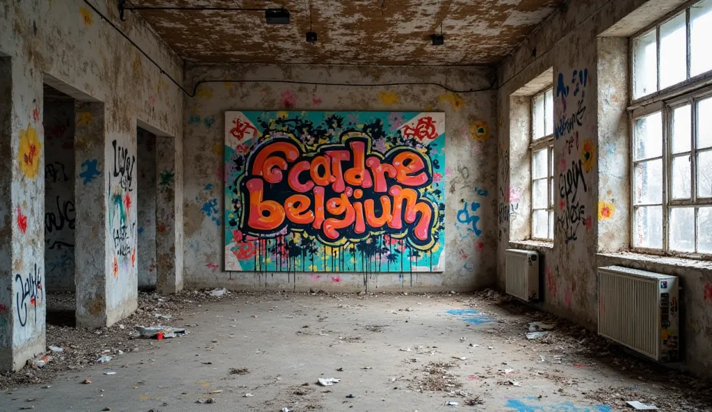 An abandoned building, With a painting depicting a frame with graffiti "CADRE BELGIUM"