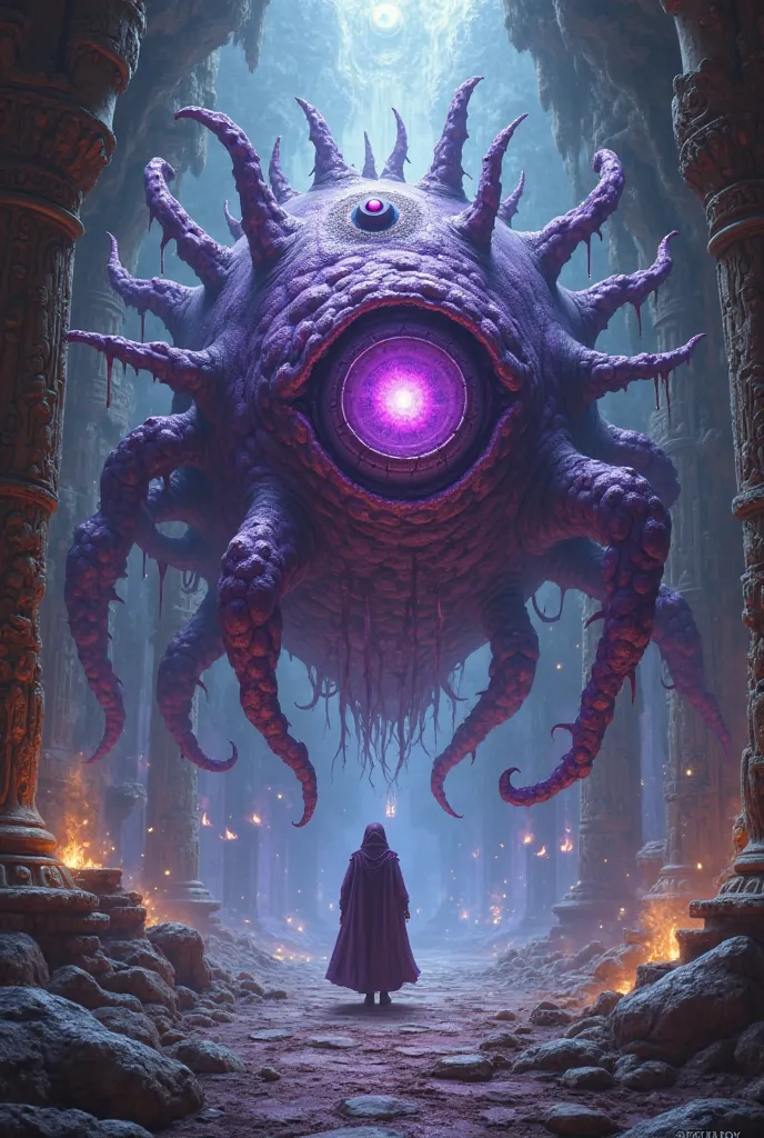 A Beholder looking at me (observer, Monster from the official book of DND 5e) Of the color purple and purple eyes.