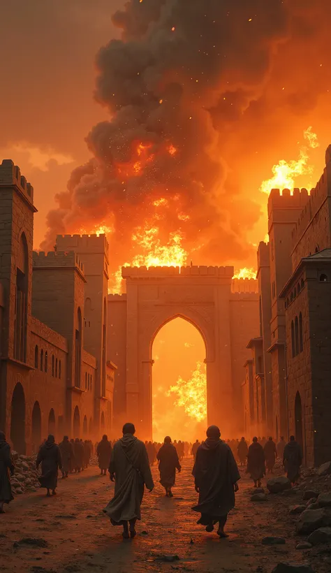 "A terrifying apocalyptic scene of a massive ancient Middle Eastern city, built with stone and clay structures, being struck by fire and burning sulfur raining from the sky. The city has narrow streets, mud-brick houses, and large stone gates, clearly rese...