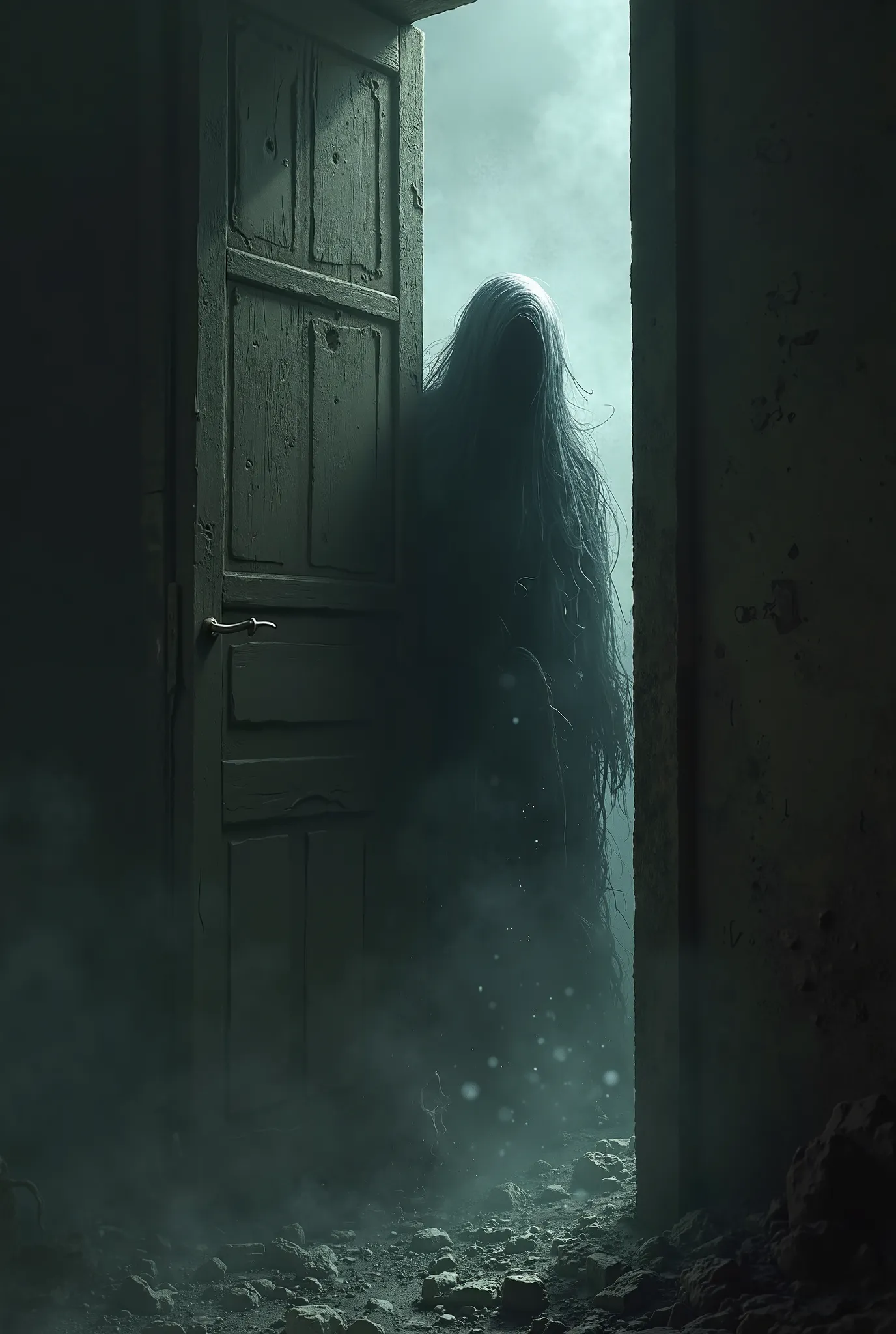 Make an image of a half-open door, with a humanoid dark specter peeking through the opening