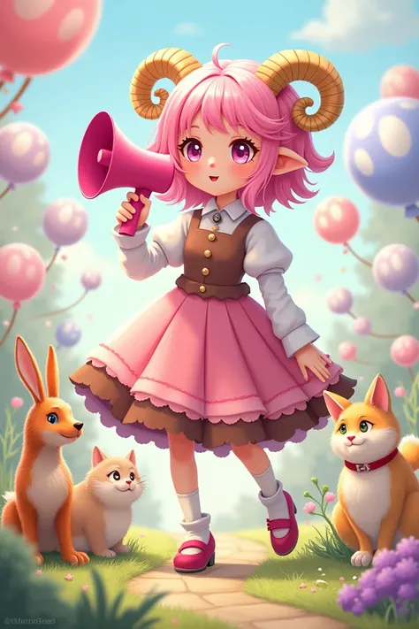 Aya is a little pink-haired girl with two ears, two sheep's hair tied on two sides, wearing a pink brown dress, holding a pink megaphone, having a pet that looks like a rabbit, and then a cat.