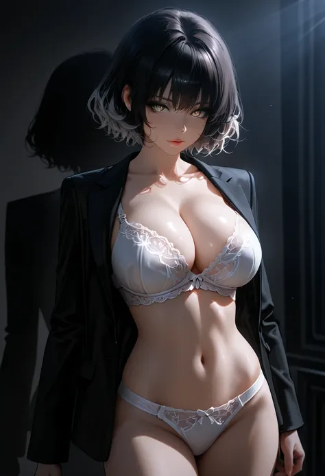 dark black of filters. 
Detailed description,  absolute resolution, excellent performance. 
Beautiful woman, White wavy short hair,  very good looking body , Big Breasts, cleavage, Wearing a bra and white panties, Executive posture. 
black light effect, Wo...