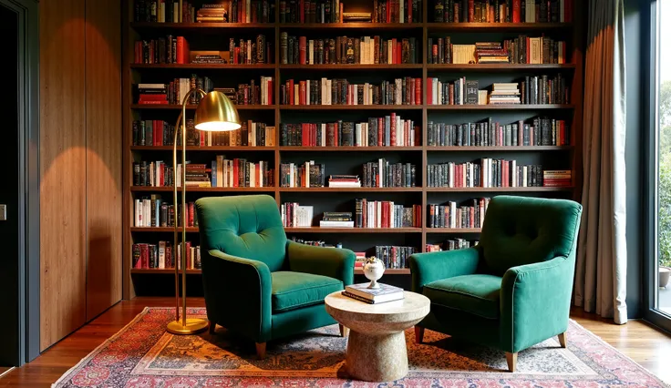 A luxurious reading nook nestled inside a home library with floor-to-ceiling bookshelves. A deep green velvet club chair sits in front of a marble-topped side table, surrounded by ambient lighting from a brass arc lamp. Ensure there’s space for displaying ...