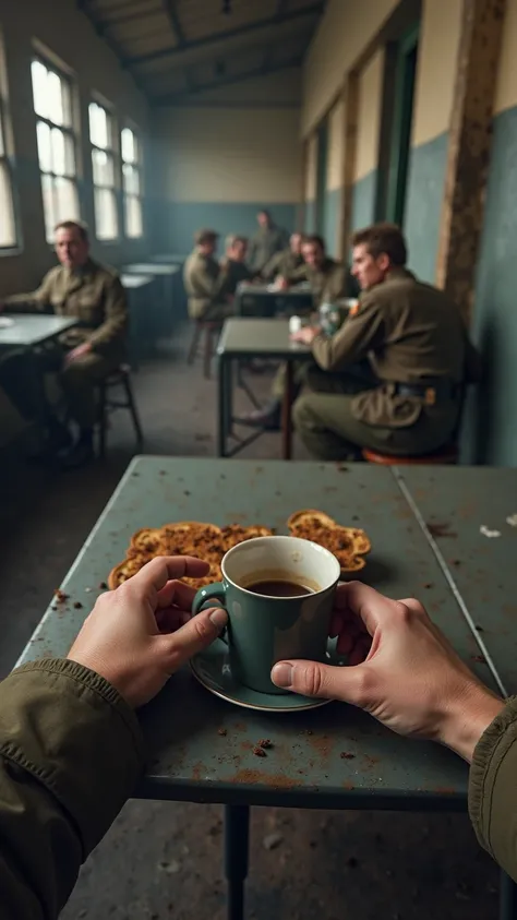 Create an ultra-realistic POV-style image that captures the first-person perspective of a German soldier from World War II while having a simple breakfast with his companions. The scene must reveal the soldier's hands and body part, emphasizing details suc...