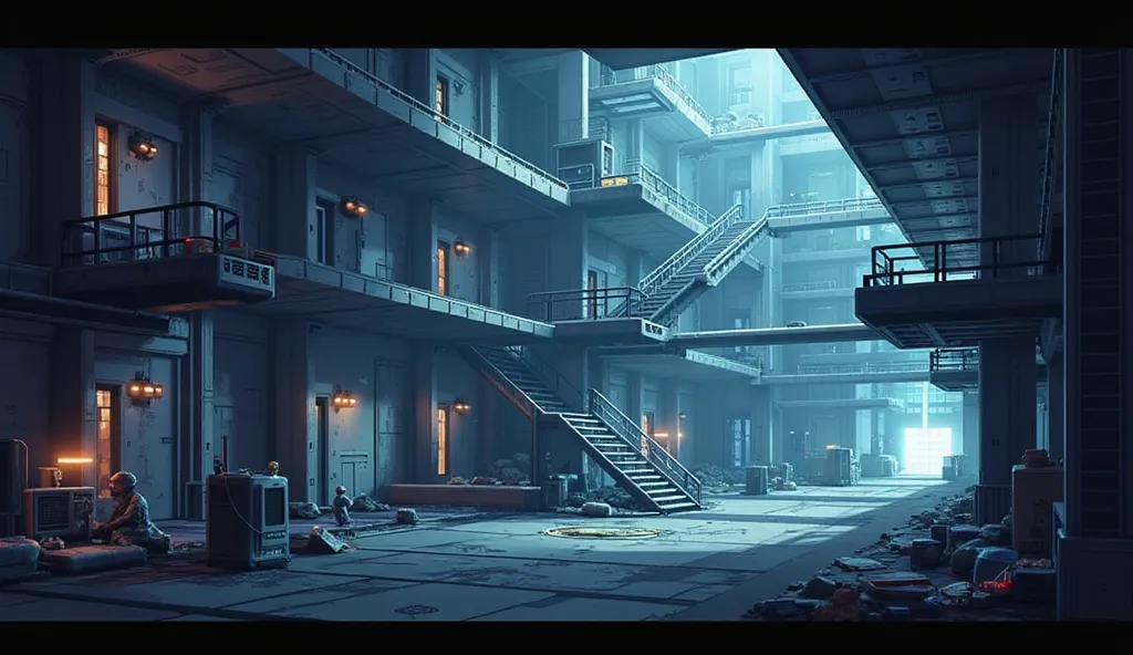 pixel art interior empty building for Sidescroller. with platforms. futuristic military building interior from the nazi.
