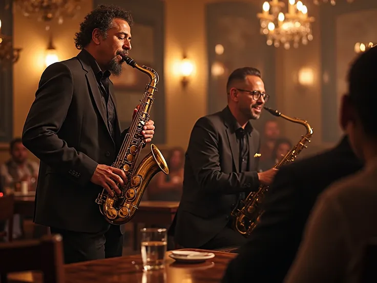 two jazz musicians playing live music in the restaurant