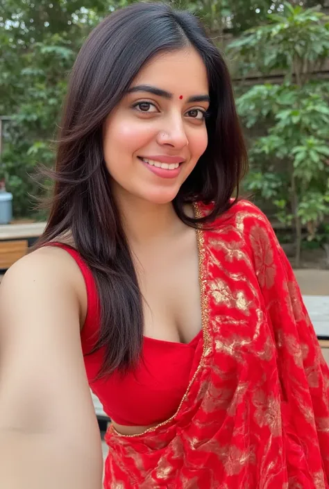 Beautiful young woman in Red saree. Smiling, Amateur shot a pov of a instagram selfie
