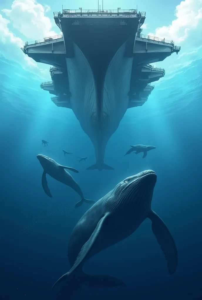 Whales below an aircraft carrier