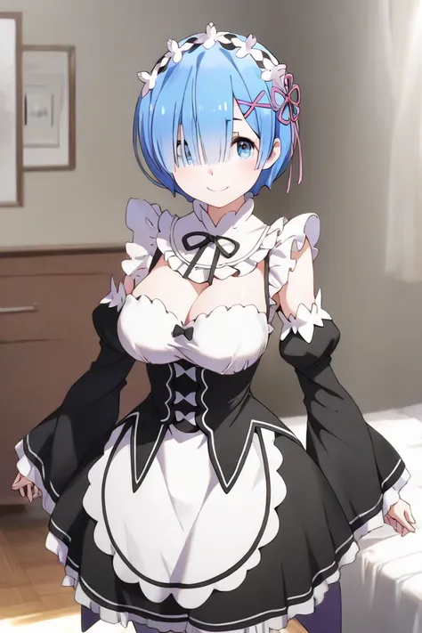 1girl,solo,rem,roswaal mansion maid uniform,short hair,maid,hair over one eye,one eye visible,hair ornament,detached sleeves,x hair ornament,ribbon,aid headdress,large breasts,(masterpiece:1.2),(ultra detailed:1.2),(best quality:1.2),(super detailed skin:1...