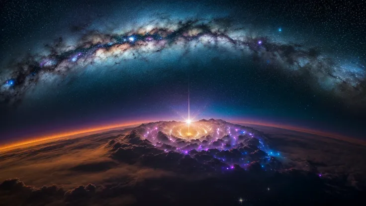 A majestic spiral galaxy with radiant arms extending outward. Central bulge glowing brightly, surrounded by swirling stars, nebulae, and interstellar dust. Colors range from deep blues to vibrant purples, punctuated by brilliant white and golden hues. Myst...