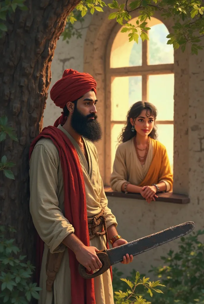 A young man with a short black beard at the age of 30 and wearing a turban wearing robes holds a saw in his hand and cuts a tree and his wife looks at him from the window. A picture of Digital Animation