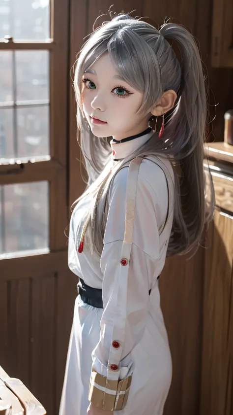 Full Body Image,high definition,TOP QUALITY,Beauty,A girl is standing facing the front, petite girl,Her hair color is silver., clear eyes and nose,realistic pictures,twin tails