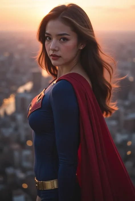 1qq . the beautiful women is flying high above the Metropolis skyline, , her full body in the sky, (beautiful detailed face) she has a perfect athletic body there is large Supergirl Symbol on chest. no make up , at evening