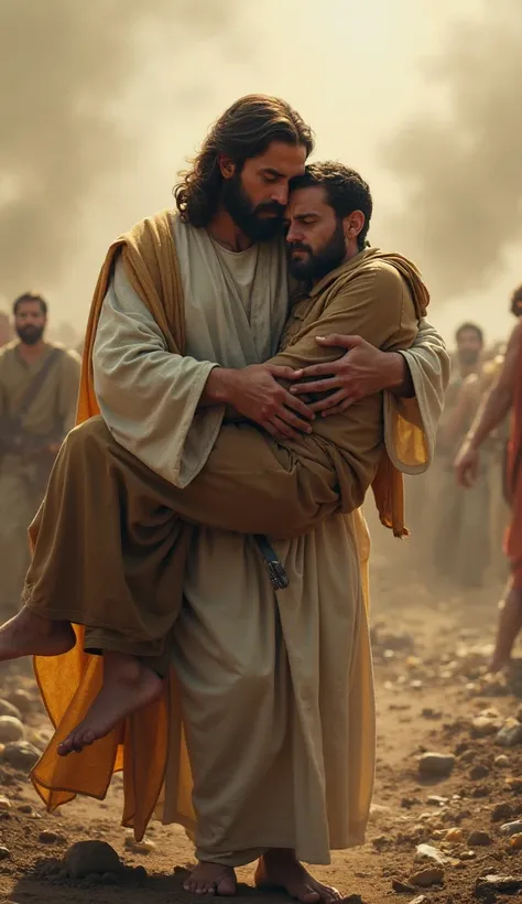 Jesus carrying a man in his arms protecting him on a battlefield