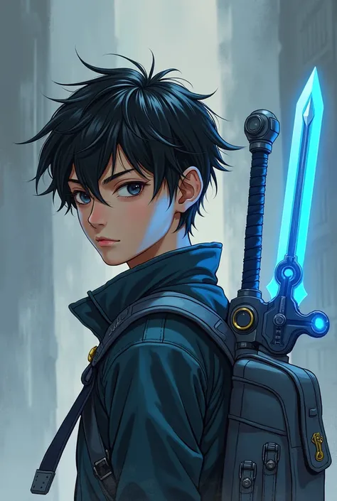 Make this image in the style of a manwha/webtoon.
A lone boy is standing with a jacket on. Only face image.
On his back is a blue high tech sword.
He has black short hair and black eyes.He seems to be about 18.He is also decently handsome. He is also tall ...