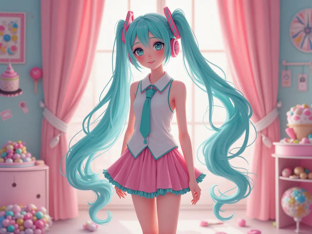   1 girl, vocaloid , hatsune miku,turquoise long double ponytails,Mini-skirt, in pink lollipop-style clothes,  beautiful girl is standing next to her ,Cute, smile, room , but,Pastel colors