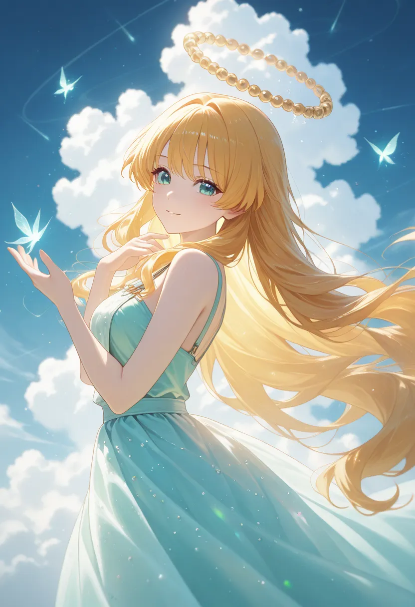 A classical fairy in a flowing fairy dress， with long hair like a waterfall ，Glittering pearls and jade dotted in the hair，Dancing lightly on the misty white clouds。The facial expression is focused and gentle，The eyebrows are affectionate，A pale golden hal...