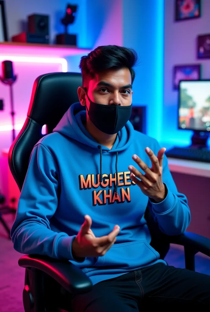 An Indian man sitting confidently on a modern gaming chair in his YouTube studio. He is wearing a bright blue and gray hoodie with MUGHEES KHAN boldly printed on it. His face is clearly visible and expressive despite wearing a sleek black covID-19 mask. Th...