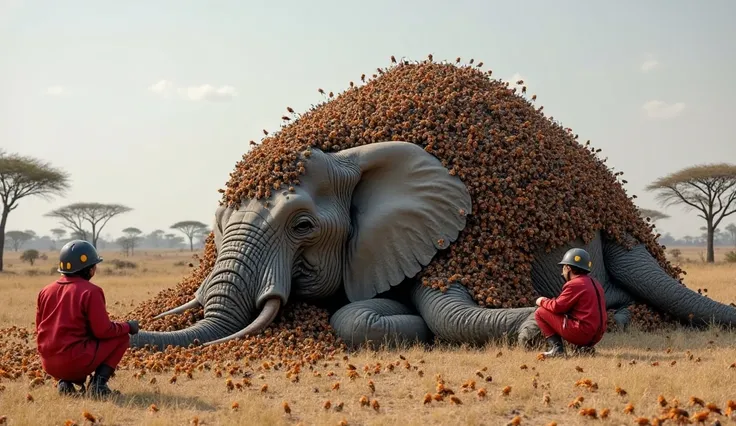 **Prompt:**  
"An elephant lying on the ground in a dry, open savannah, completely covered by millions of **giant hornets**, forming a **mountain-like structure** on its body. Only its **head and trunk** are visible, with its **eyes glowing red** and its *...