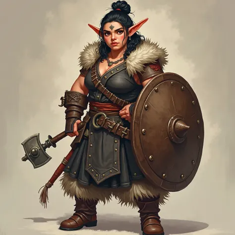 Make a full-bodied female character, expressions from a Halfling Race role-playing game with the Barbarian class, She's a very strong character who measures 1,5 m, Your skin is light, half red and your ears are pointy, dark hair tied , with subtle and dark...