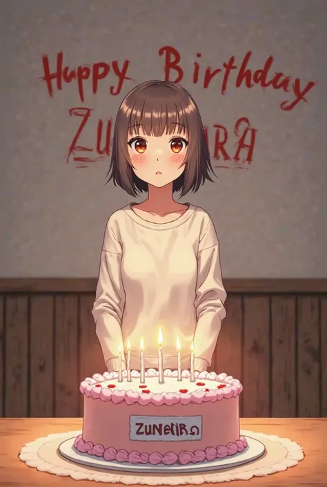 I need a birthday-themed image where a cake is placed on a table with "ZUNAIRA" written on it. In the background, a young adult girl (around 18-22 years old) is standing, and on the wall behind her, "Happy Birthday ZUNAIRA" is written. In anime look