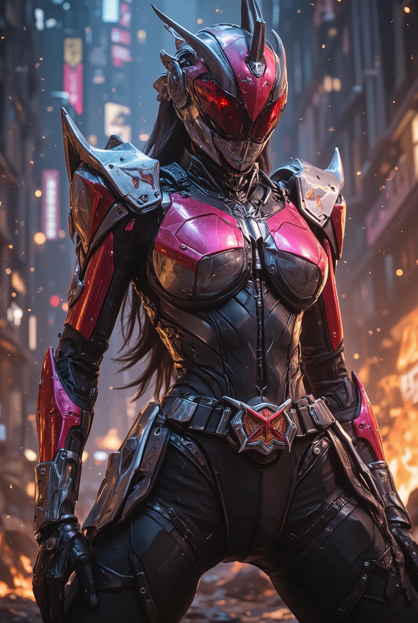 a beautiful female Kamen Rider with praying mantis abilities,highly detailed mechanical exoskeleton armor,transformation pose,wearing a transformation device belt on lower back,intricate insectoid design,photorealistic,cinematic lighting,dramatic camera an...