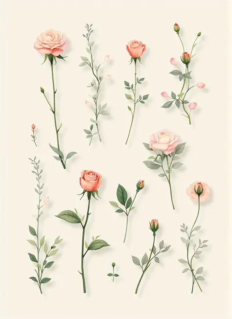  watercolor style、Wallpaper photo style、Botanical Art、Botanical Encyclopedia Style、There are a lot of、There are rose flowers, branches, and leaves in 3 tiers、painting with flowers placed on a light beige mount、roses arranged in an orderly manner、flowers, b...