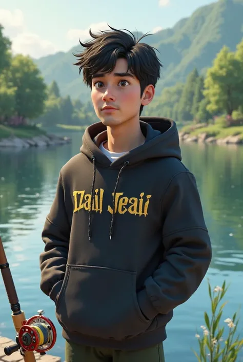 A man wearing a black hoodies shirt with his name izail jejai written in golden writing is fishing for puyu in a beautiful lake with fishing tools on the side and in 3D animation